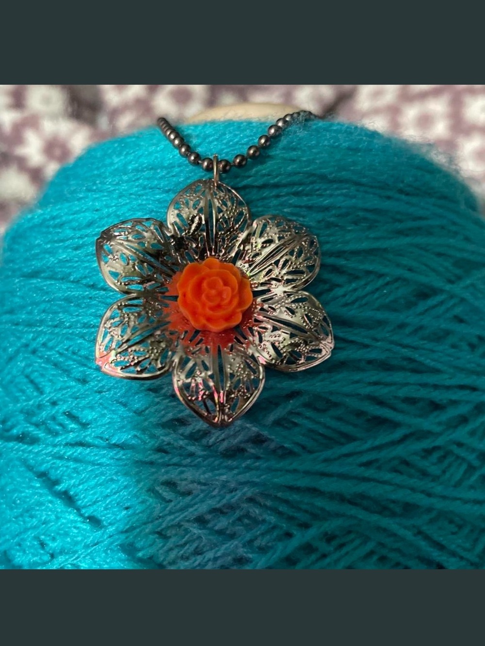 Filigree Flower Pendant Necklace with Orange Rose Accent